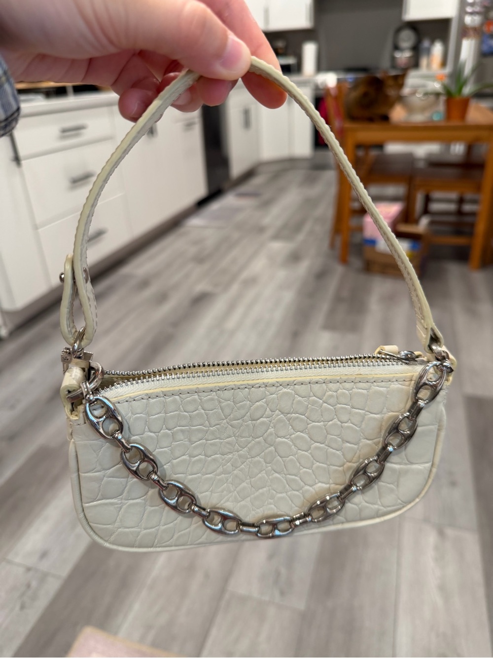 By Far Designer Brand Cream Croc-Texture Chain Handle Shoulder Bag